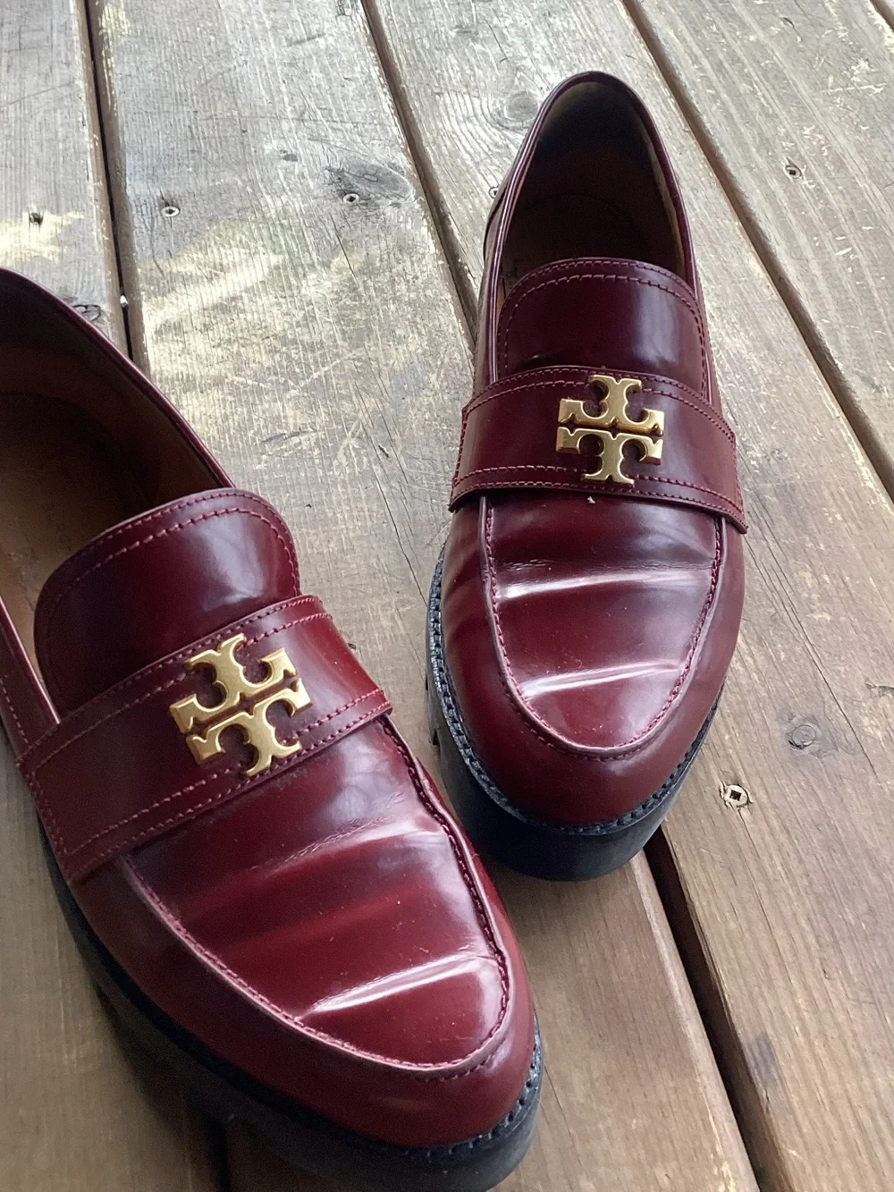 Tory Burch Everly Chunky Leather Lug Loafers Logo Burgundy Shoes , 11